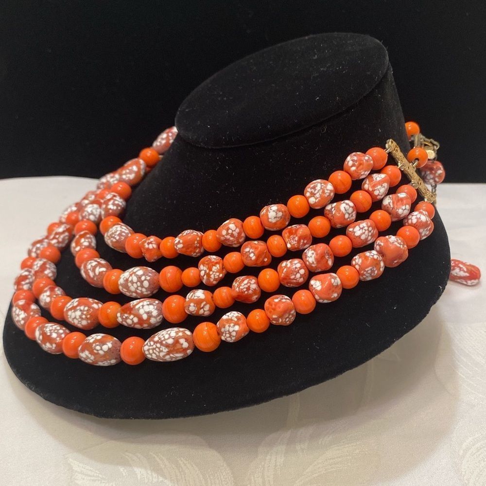 Vintage Four Strand Coral And Art Glass Necklace - Picture 2 of 12